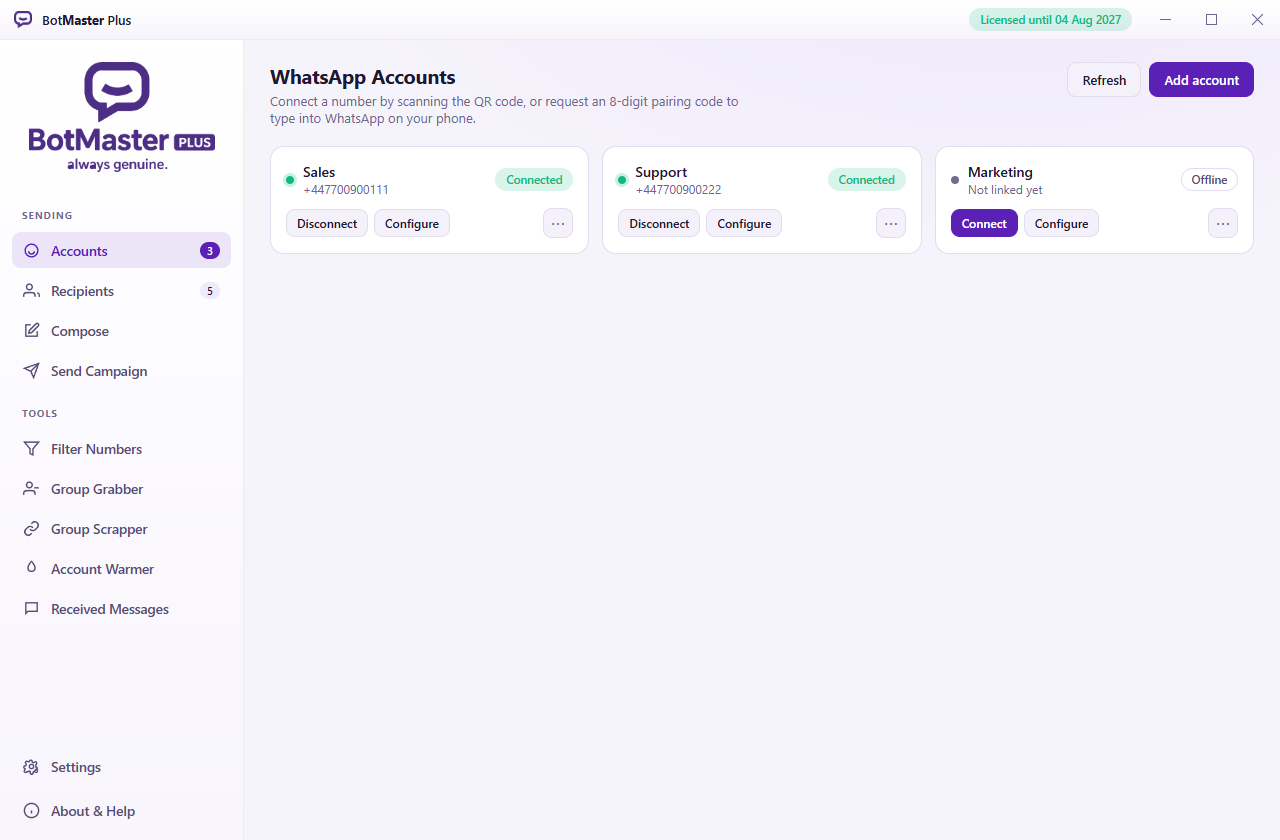 The Accounts screen with three accounts