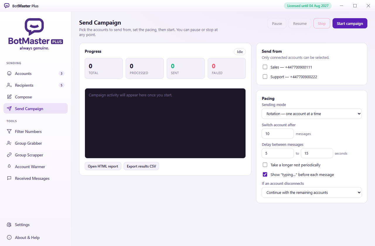 The Send Campaign screen