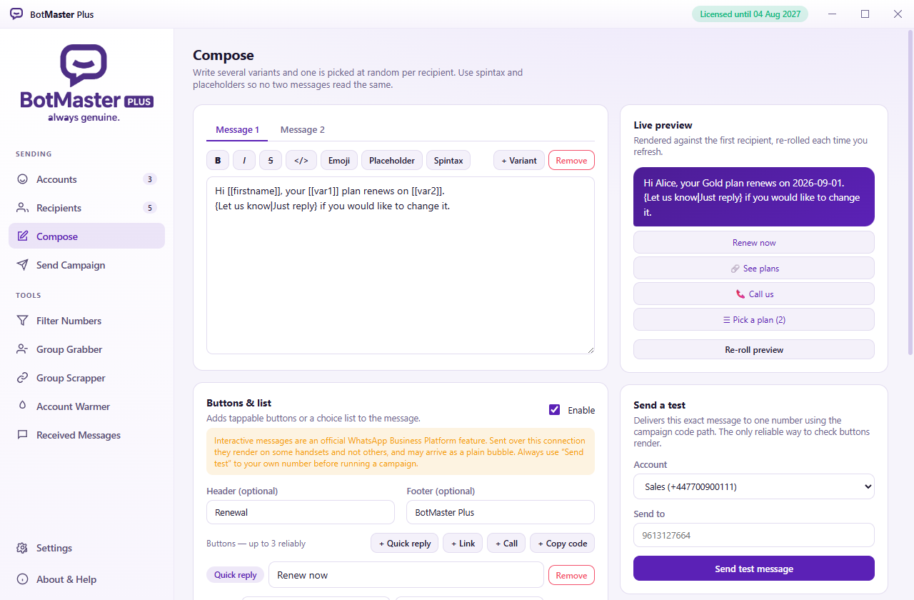 The Compose screen with variants, buttons and preview