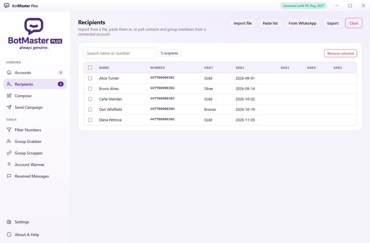 The Recipients screen
