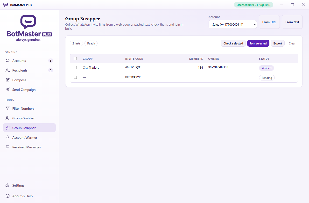 The Group Scrapper screen