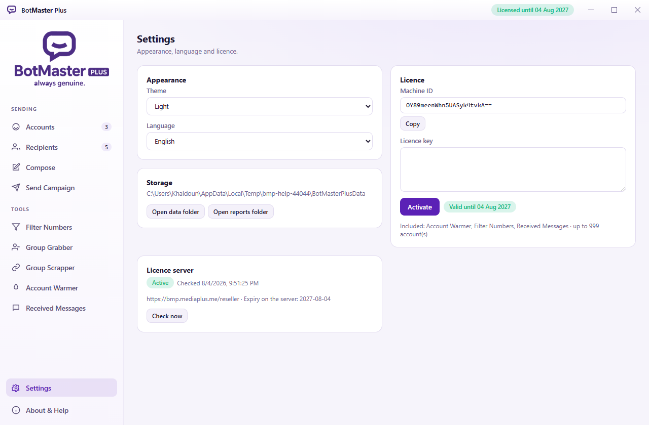 The Settings screen