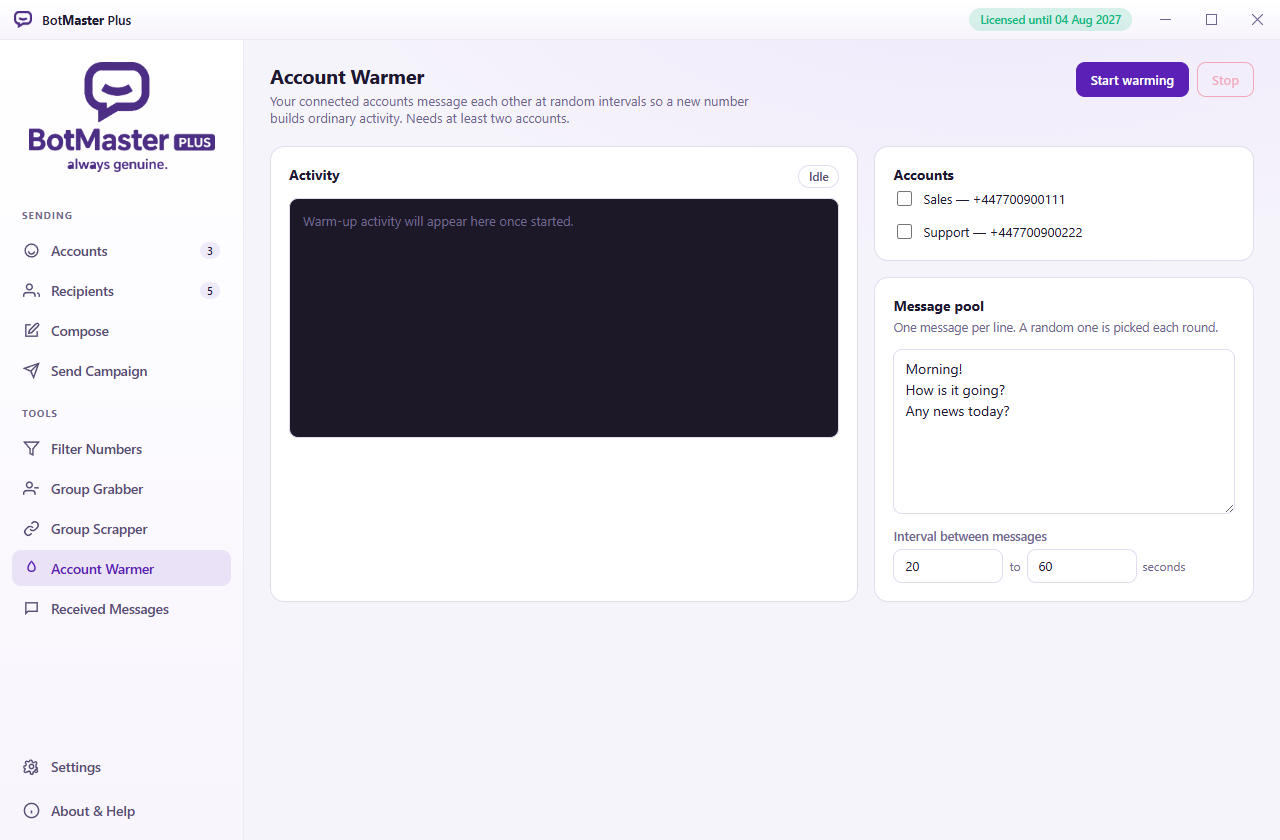 The Account Warmer screen