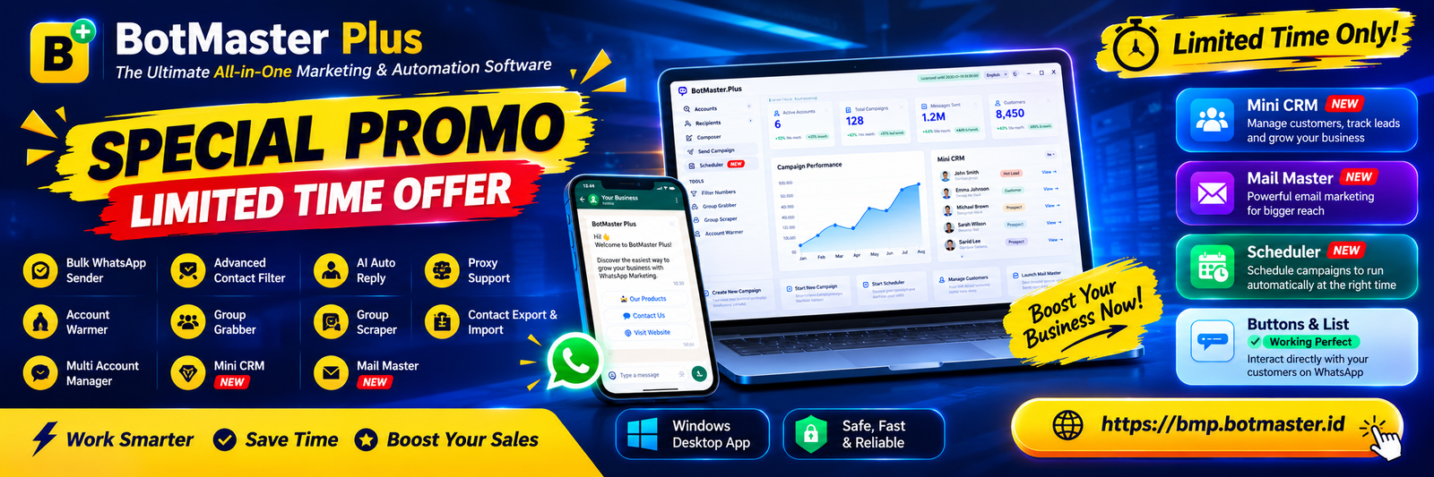 BotMaster Plus WhatsApp marketing software for business automation, bulk messaging, customer engagement, and scalable digital marketing.